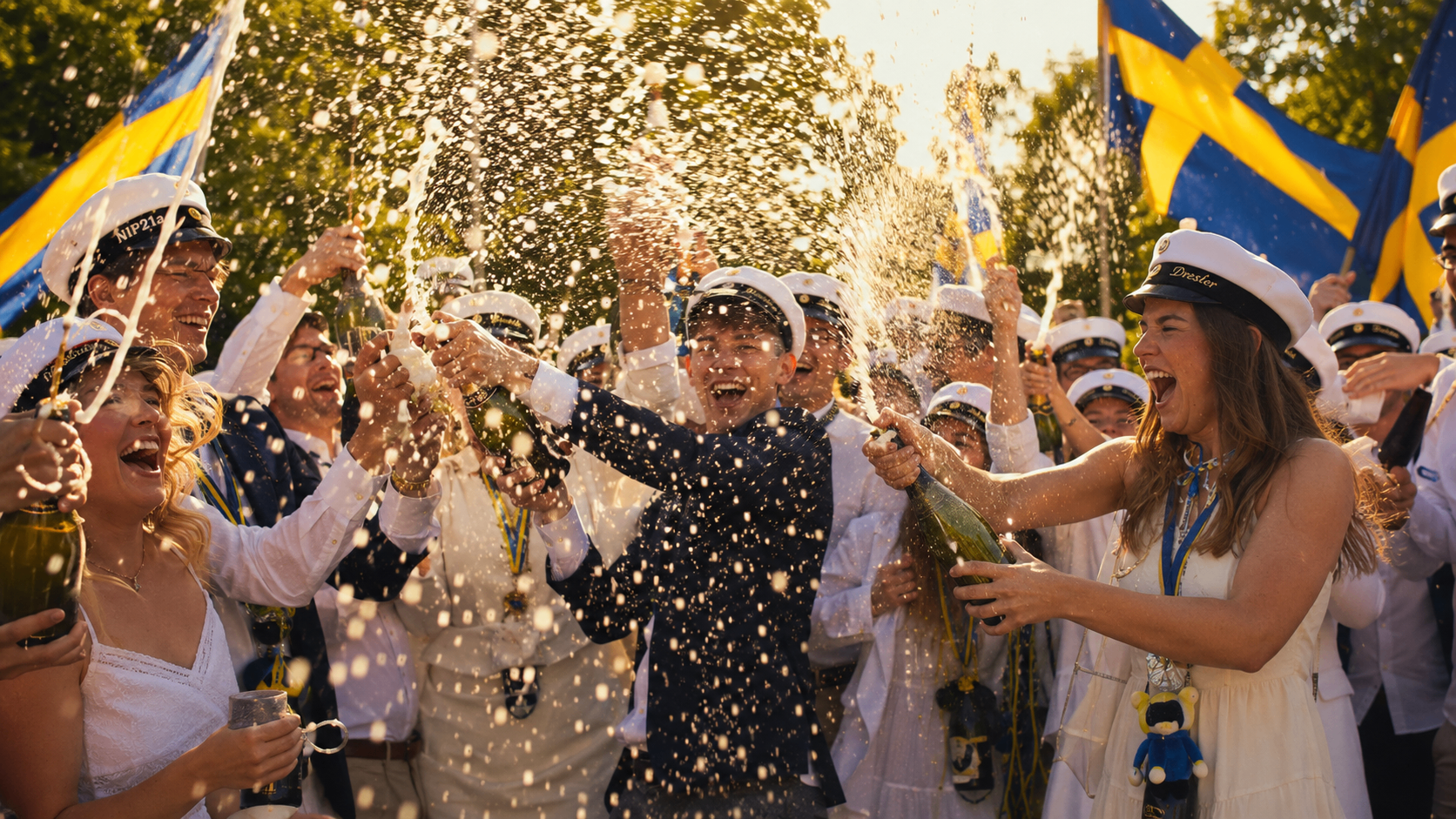 Studenter sprutar champagne i solnedgången