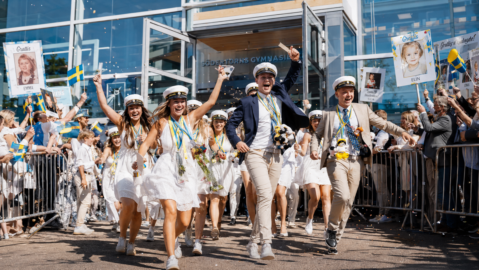 Studenter springer ut från skolan med champagne och konfetti