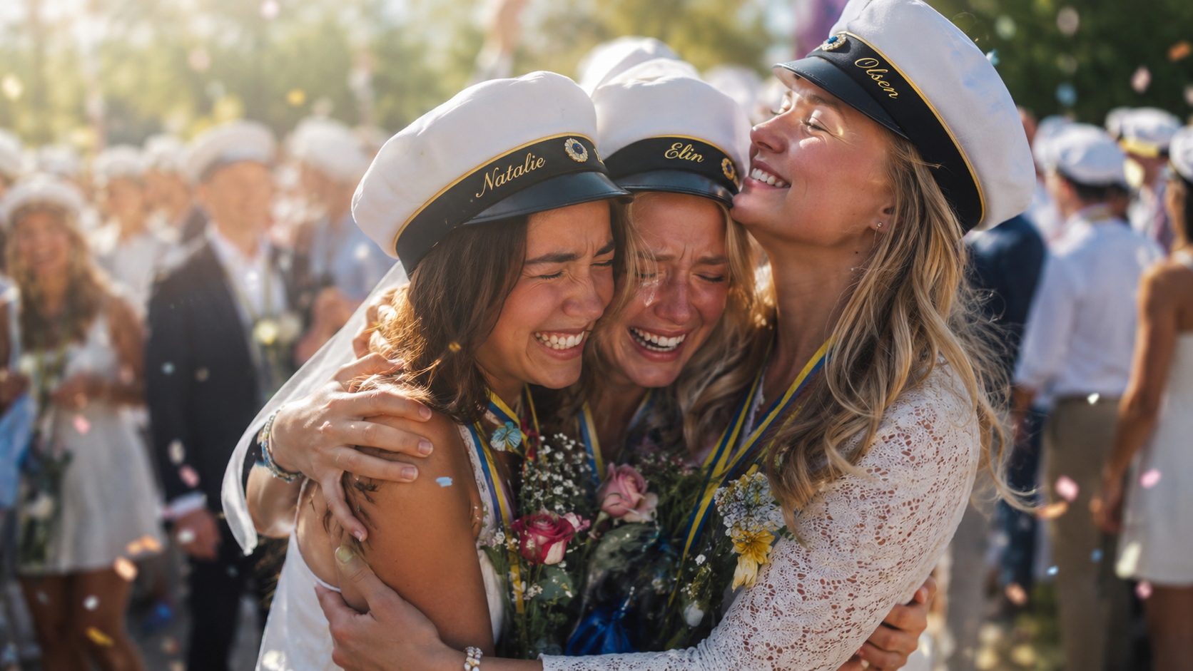 Tre kompisar i studentmössor kramas efter utspringet